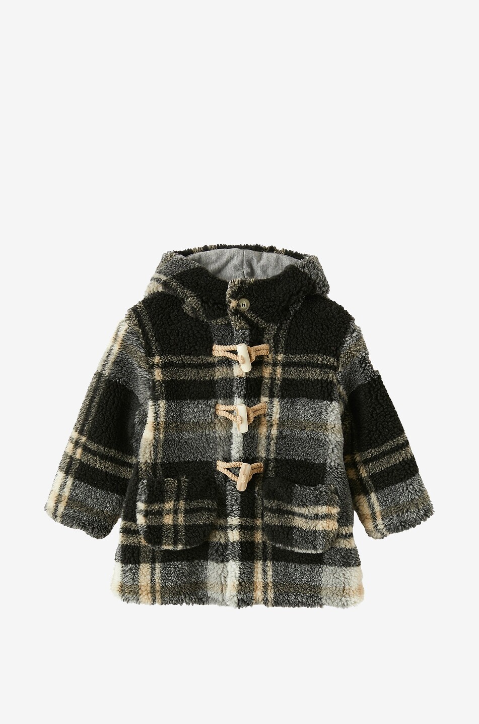 Karierter Baby-Dufflecoat aus Plüsch mit Kapuze