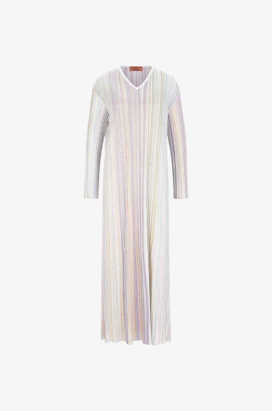 Langes Lochstrick-Kleid mit Streifen und Pailletten