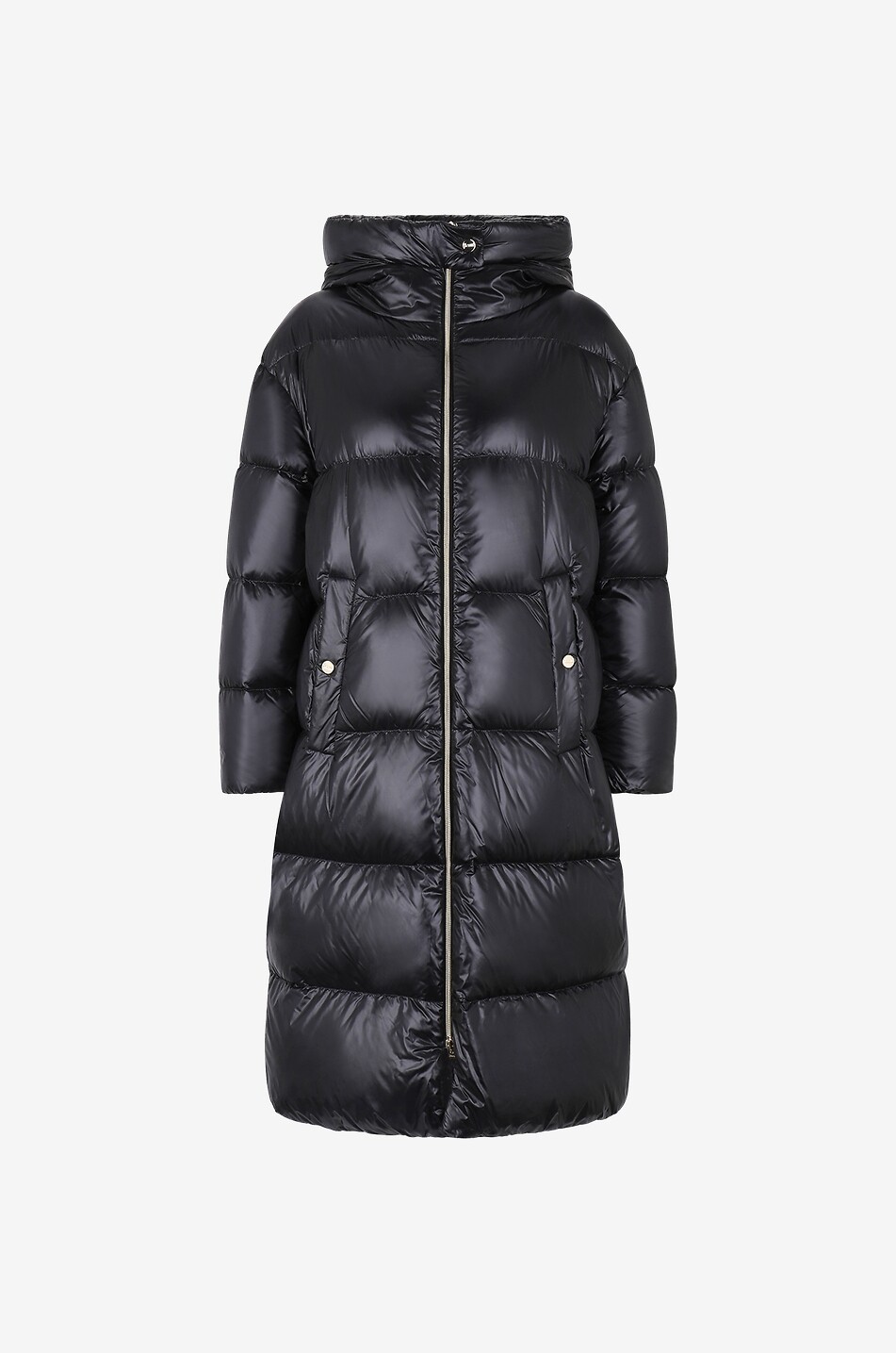 Mid length down jacket in glossy technical fabric