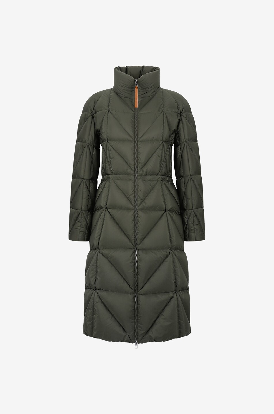 Cerise long flared down jacket with stand-up collar