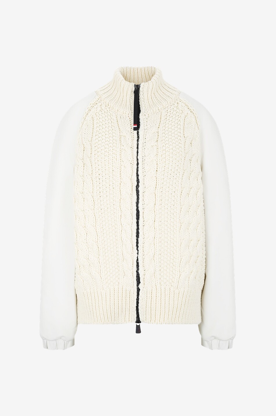 Raglan sleeve bi-material cable-knit cardigan