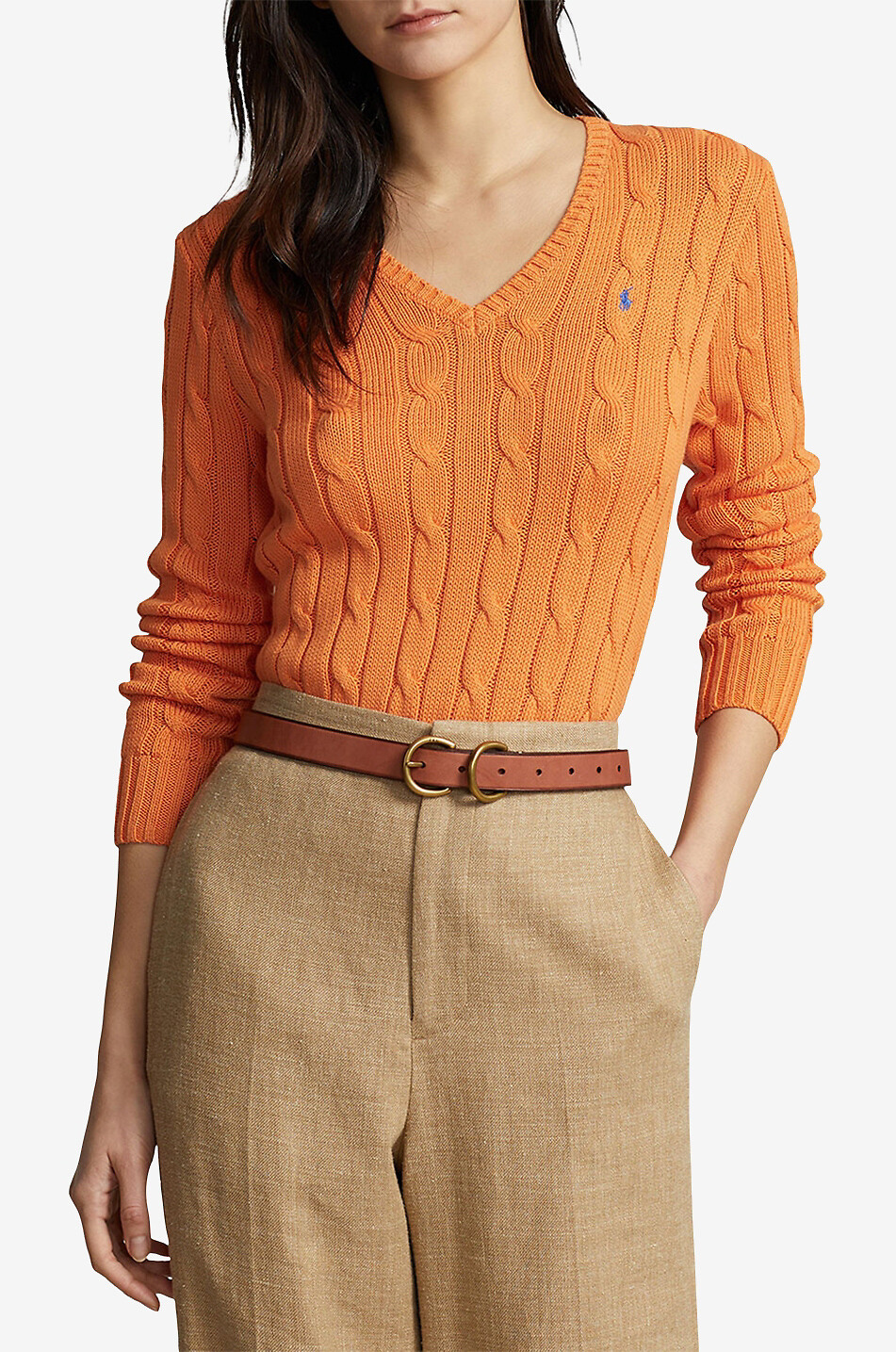 POLO RALPH LAUREN Pull ajusté torsadé à col V en coton Pony Femme ORANGE 2