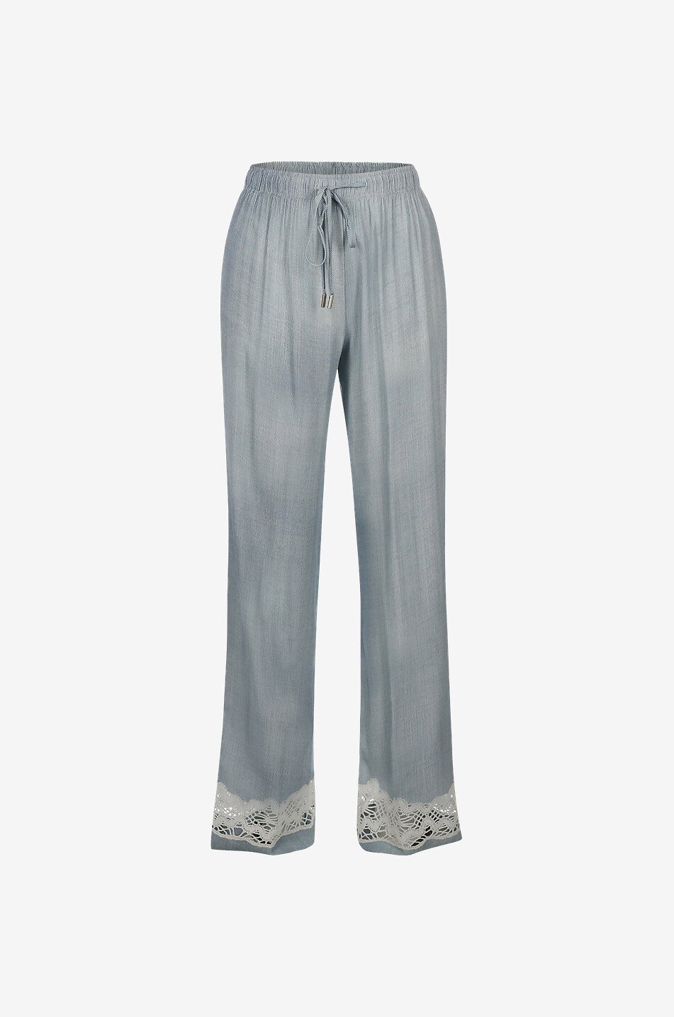 Crochet lace adorned striped fluid trousers