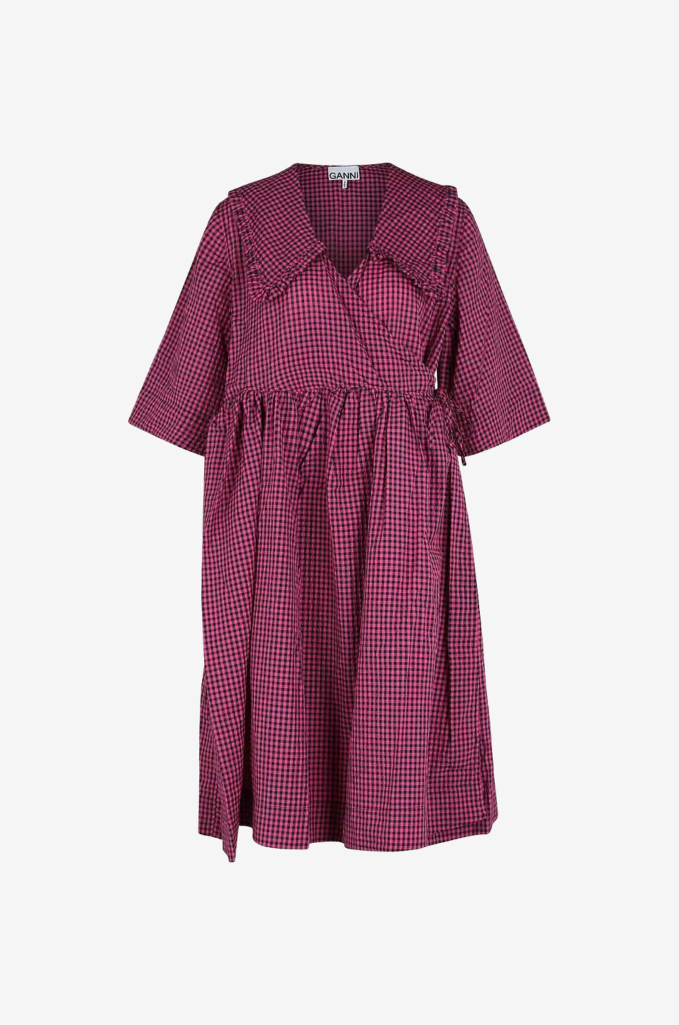 GANNI Gingham checked sersucker oversize wrap dress Women PINK 1