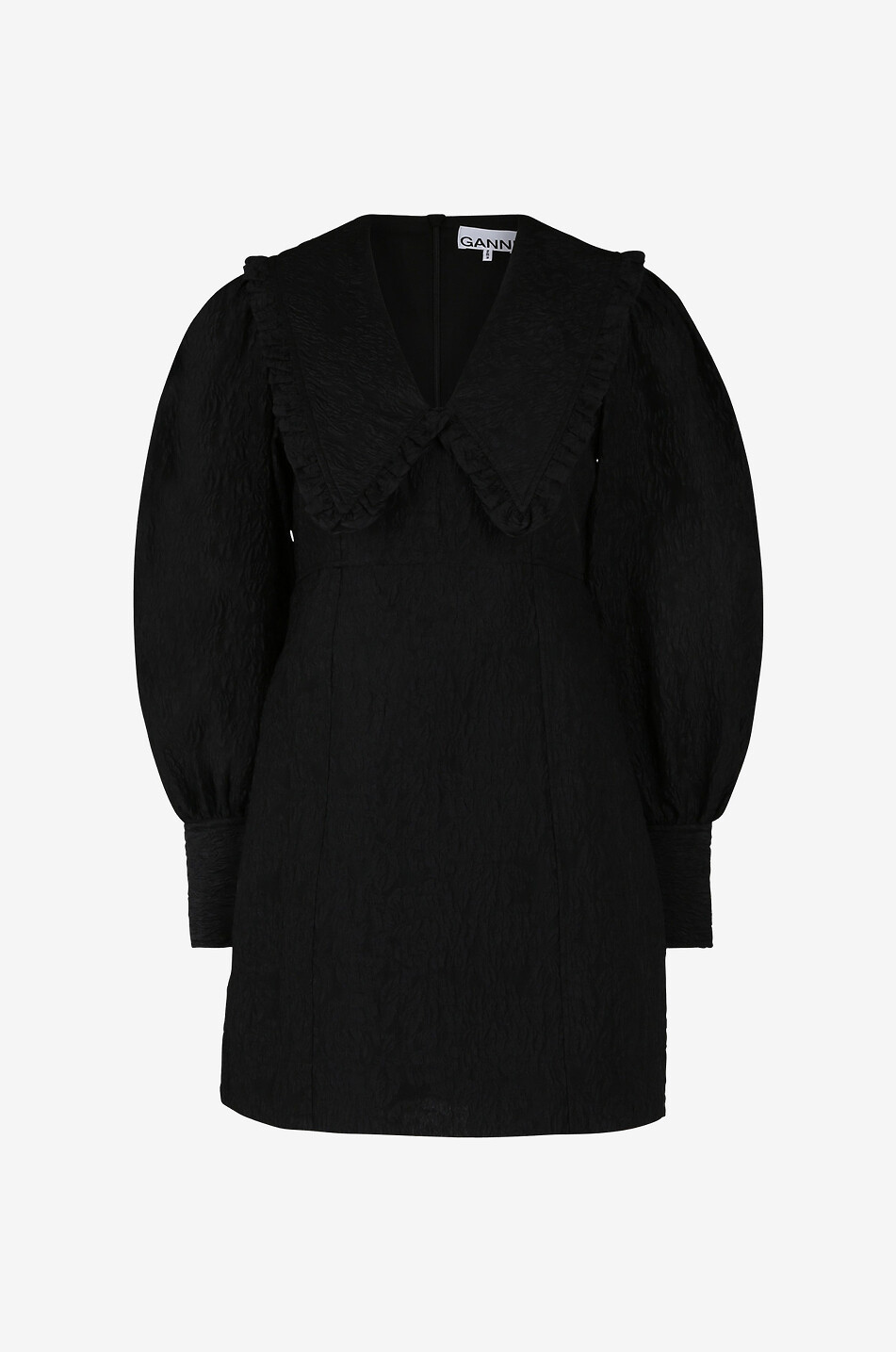 Kurzes Kleid aus Organza-Jacquard mit Puffärmeln und V-Ausschnitt