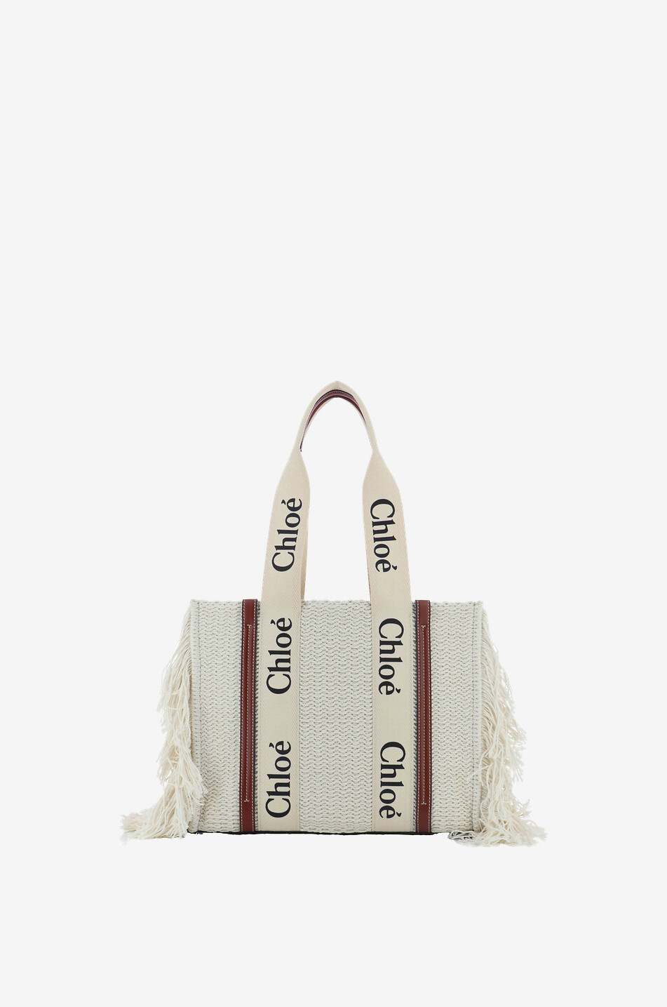 CHLOE Woody Medium fringed recycled cotton knit tote bag Women BEIGE 3