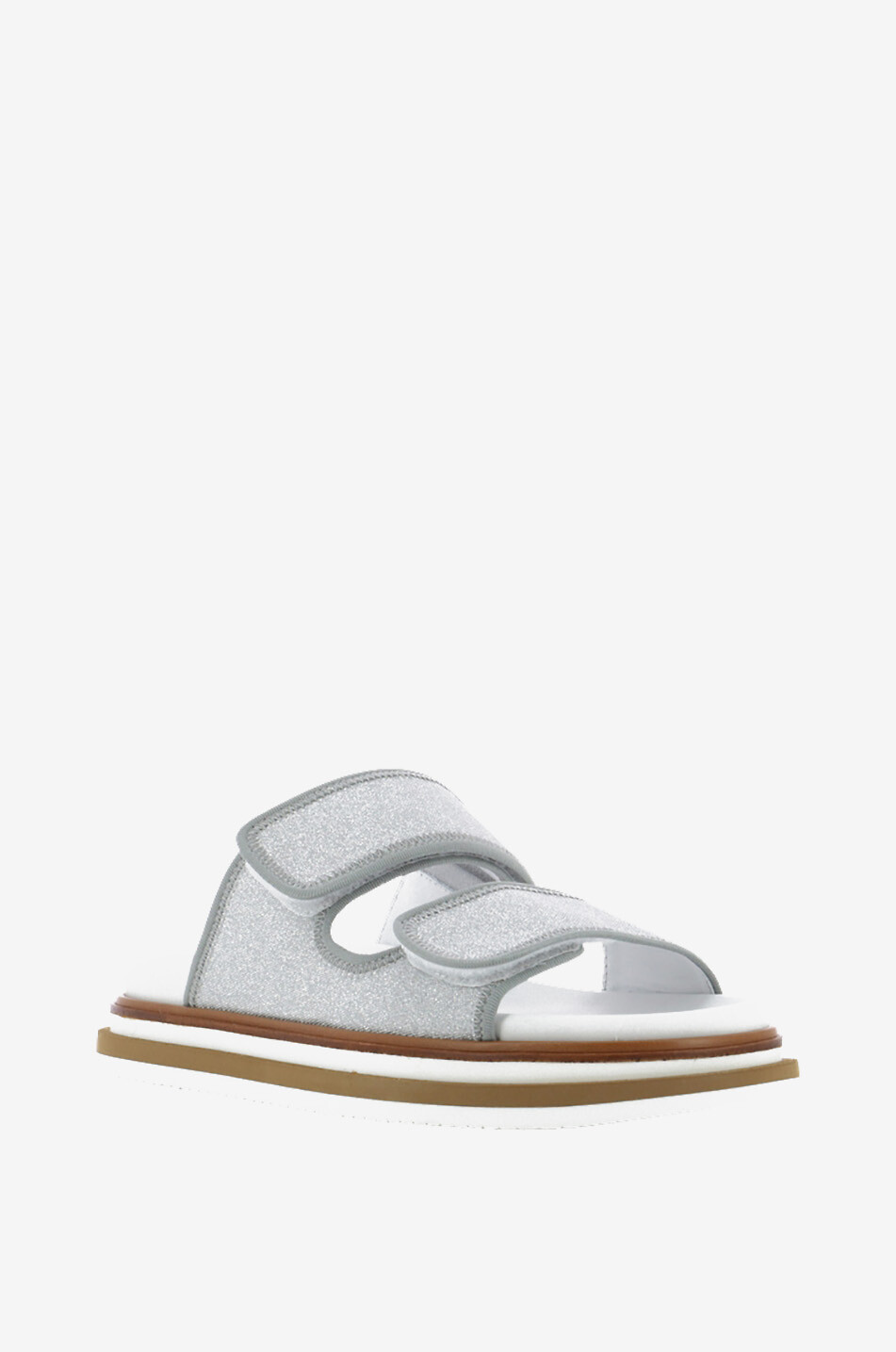 HOGAN Sandales plates cuir et tissu pailleté Ciabatta Femme ARGENT 1