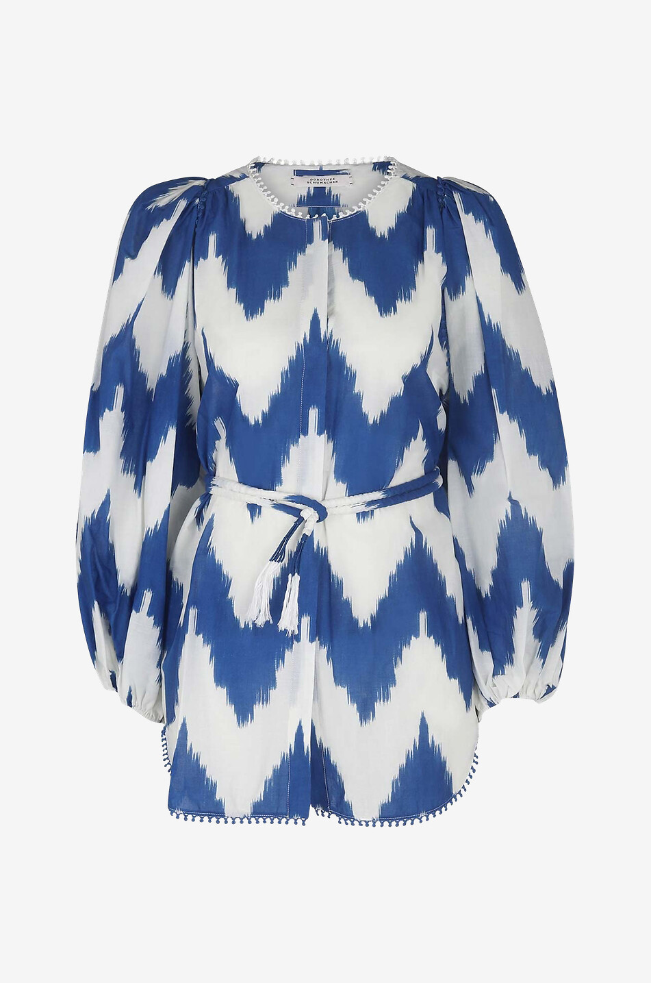 Ikat printed belted puff sleeve shirt