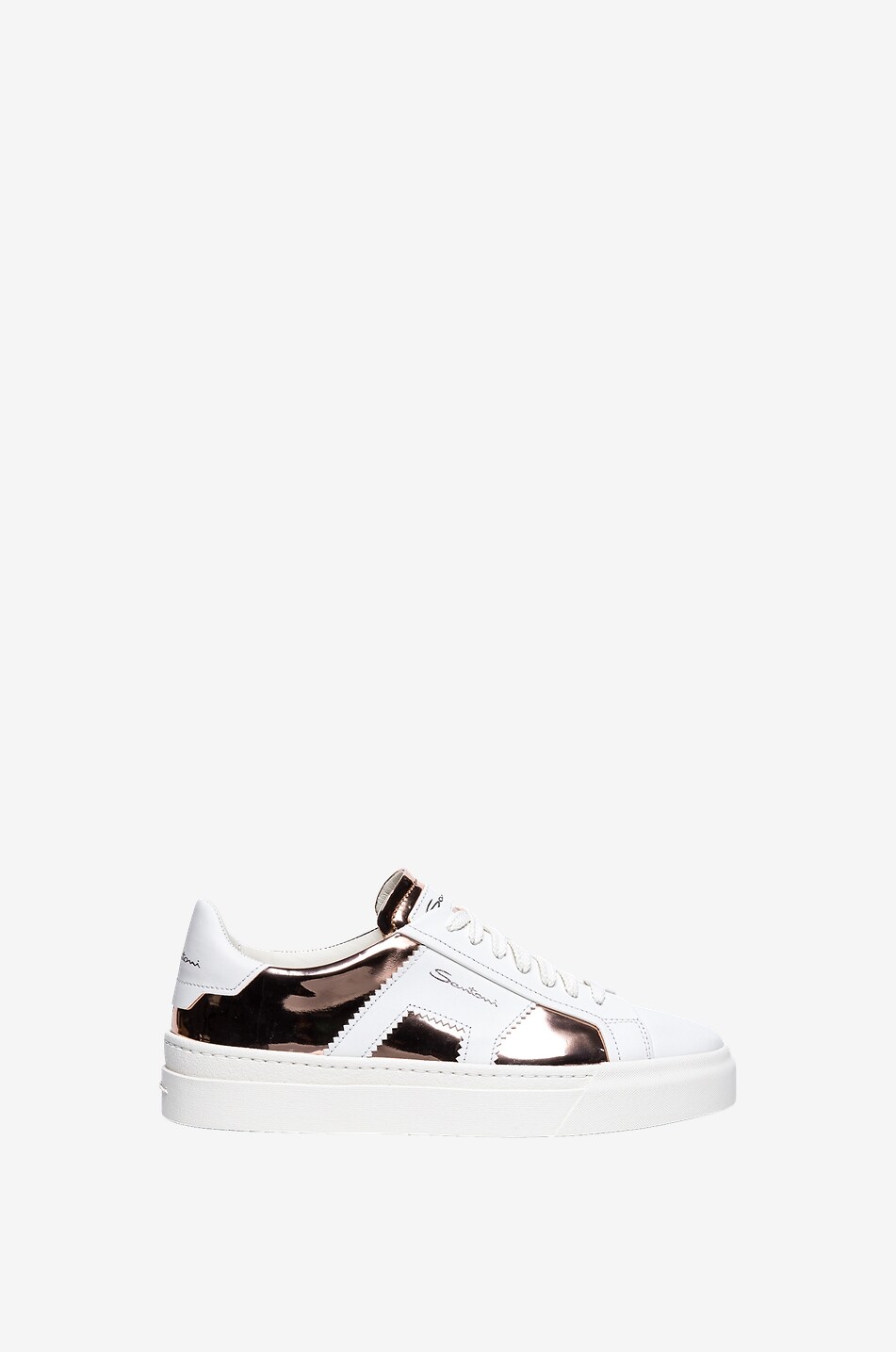 Low-top lace-up leather and metallic leather sneakers