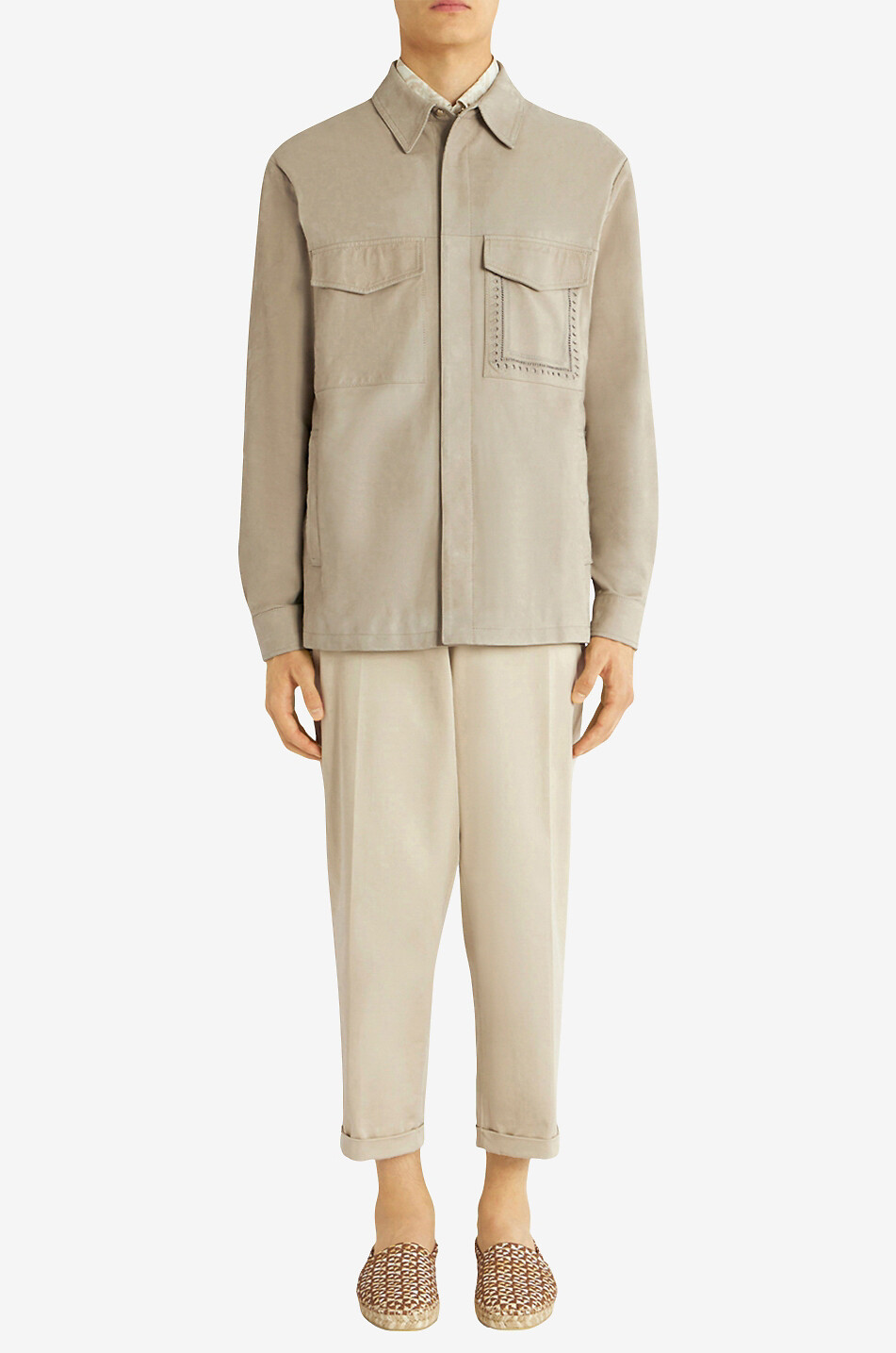 Embroidered safari shirt jacket in suede