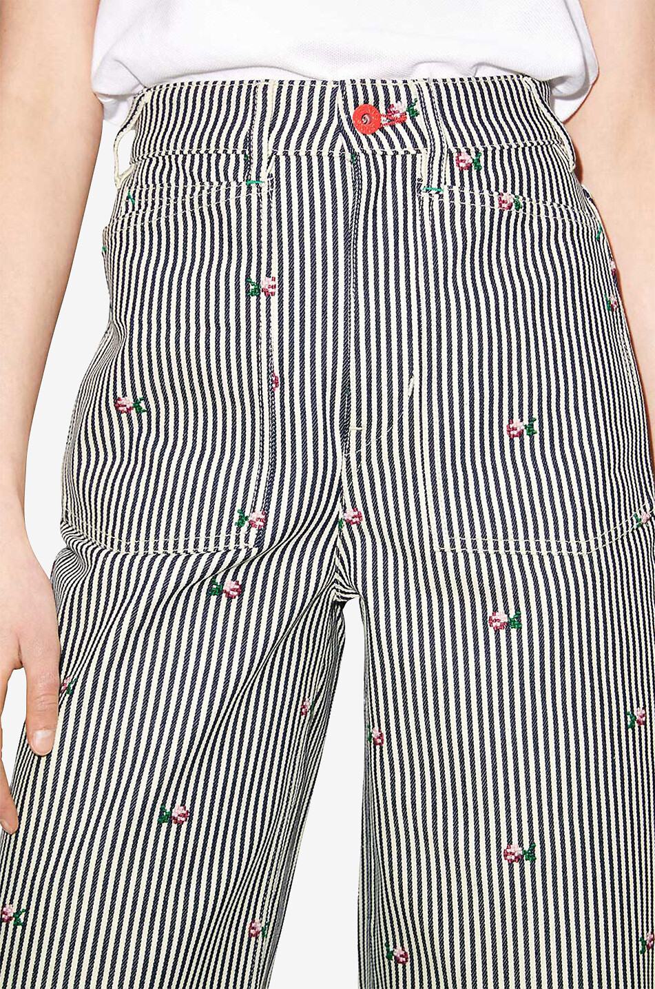 Jean taille haute large rayé brodé de fleurs Sumire