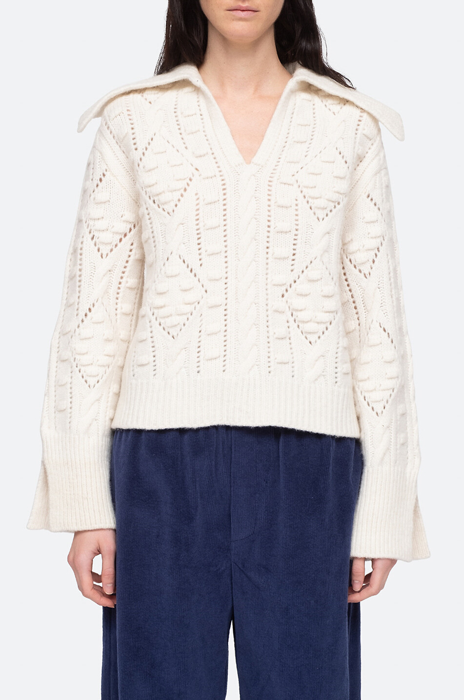 SEA Pull col V en laine à motif Cele Femme BLANC CASSE 4