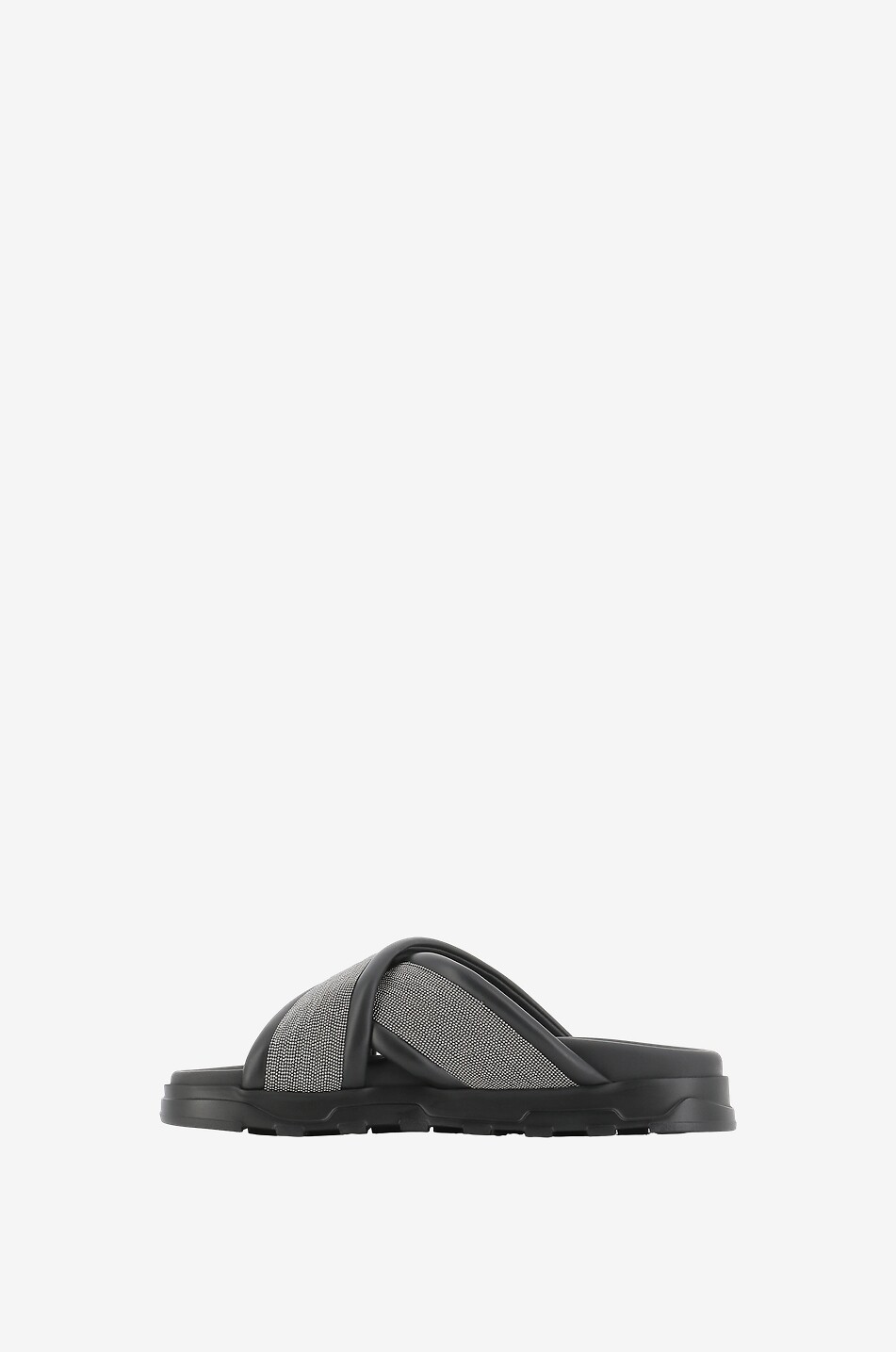 Glittering bead adorned flat nappa leather slides