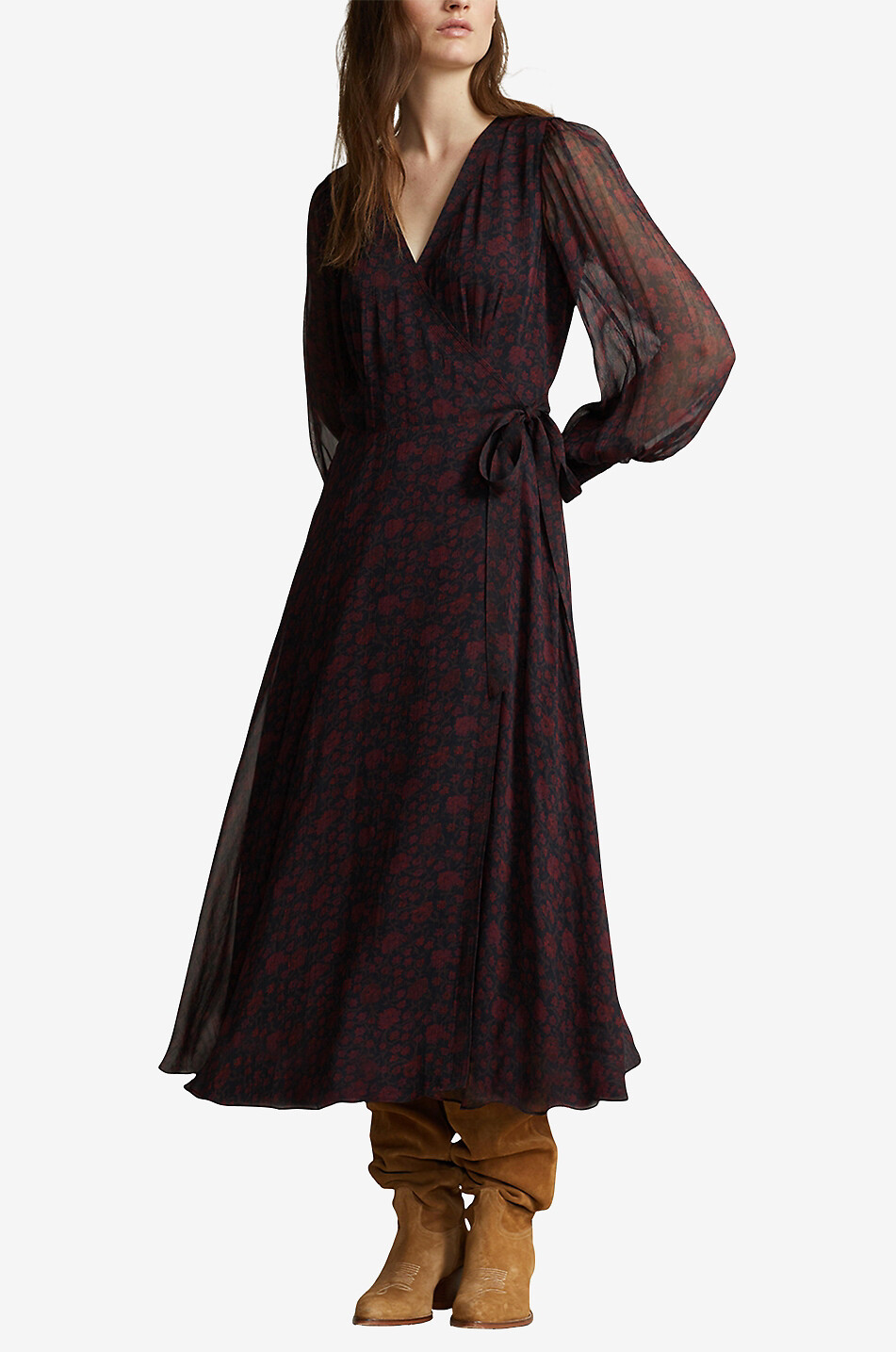 Geblümtes Georgette-Midi-Wickelkleid