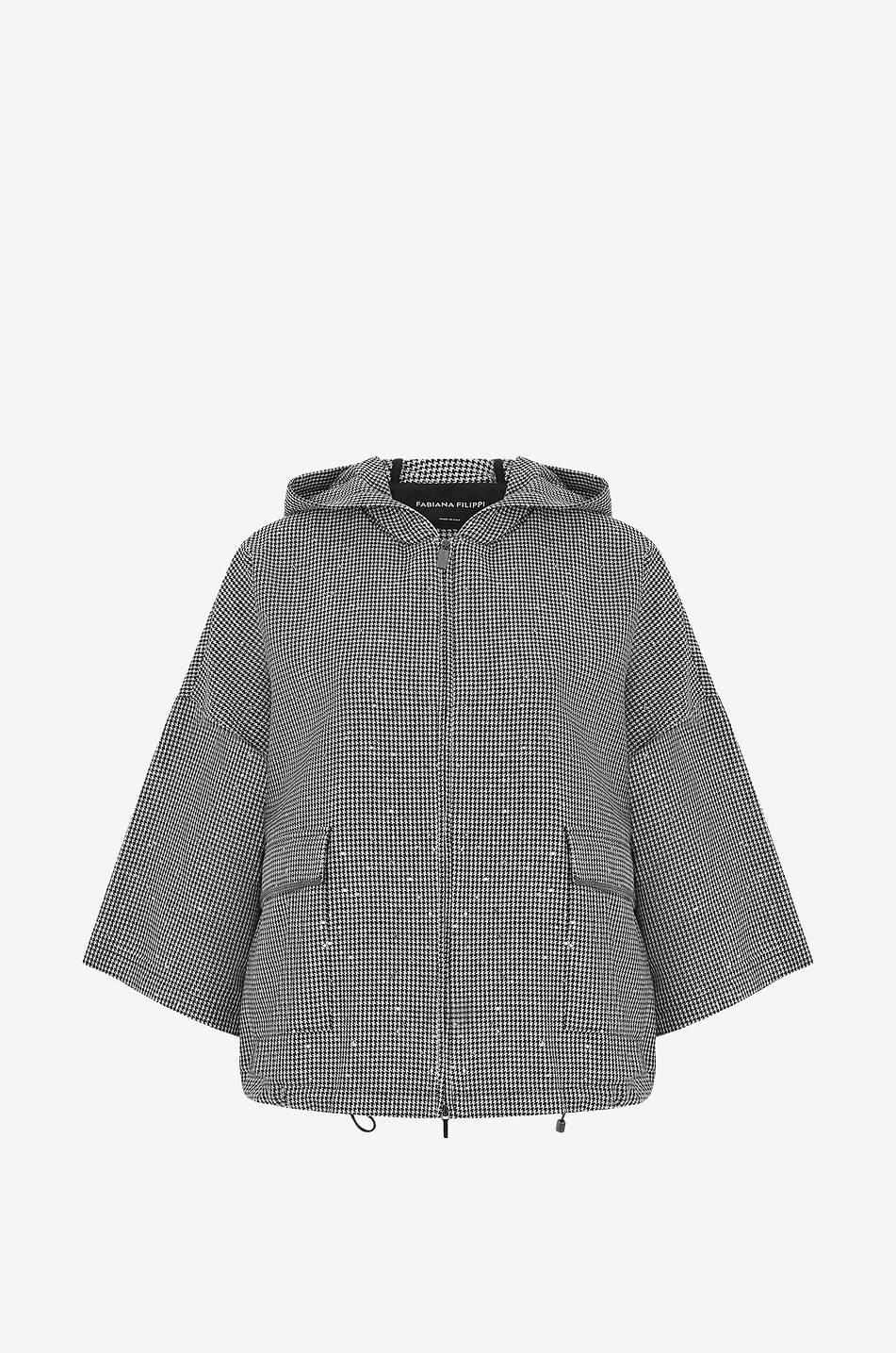 Sequin adorned houndstooth check hooded jacket