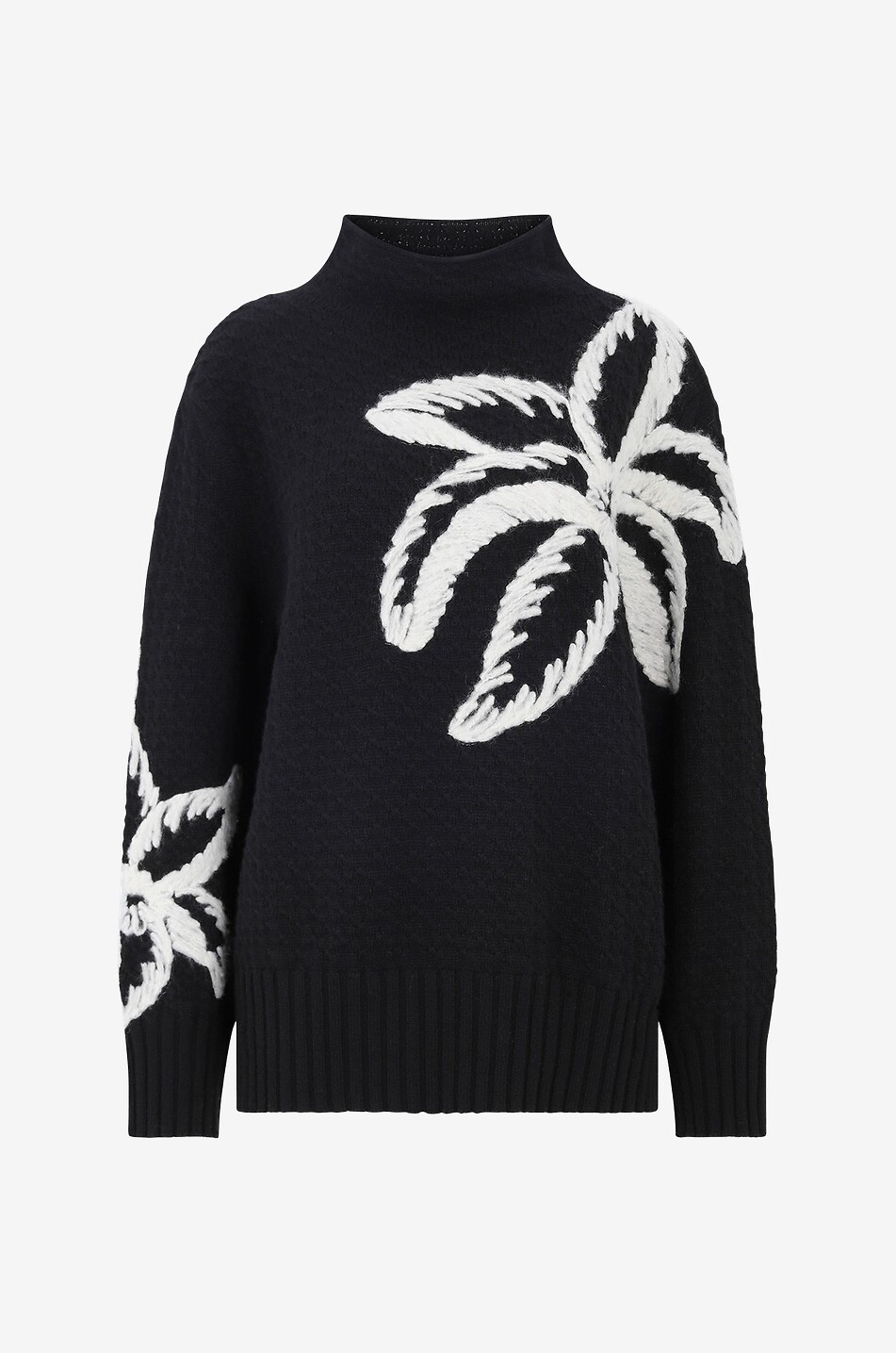 Flower embroidered oversize stand-up collar jumper