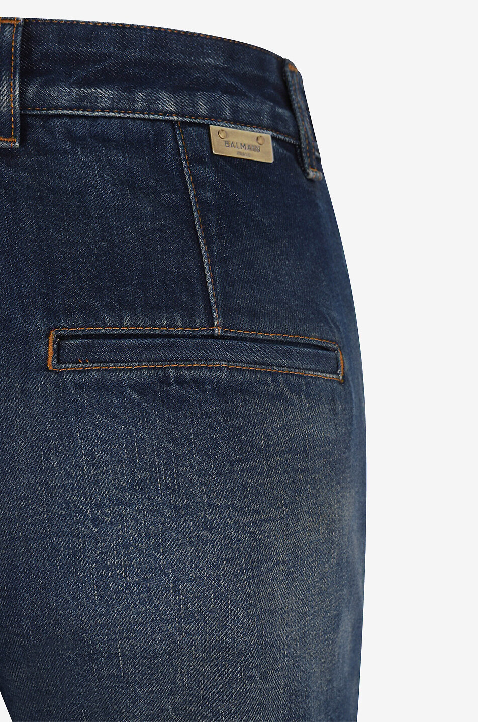 BALMAIN Ausgewaschene ausgestellte Jeans mit hohem Bund und Löwenkopf Damen BLAU 3