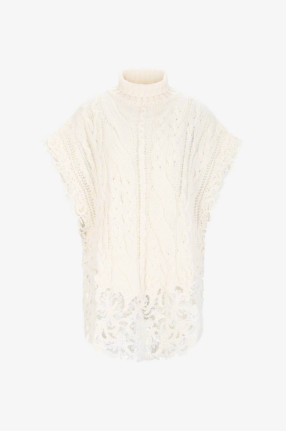 ERMANNO SCERVINO Funnel neck cable knit and lace poncho Women EGGSHELL 1