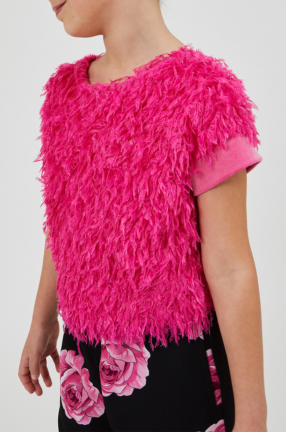 Top fille à manches courtes effet plumes