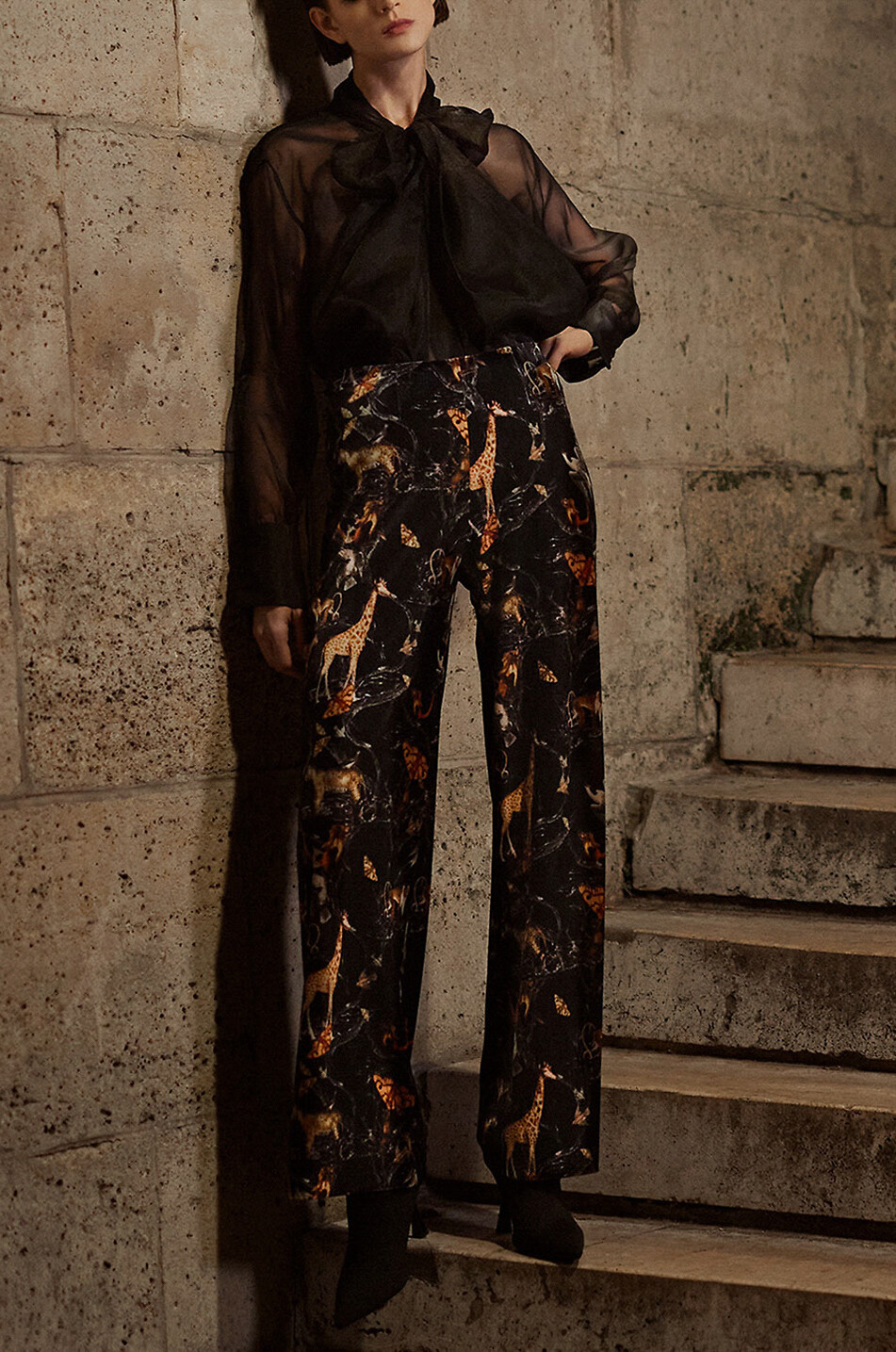 Kimberly animal printed velvet wide-leg trousers