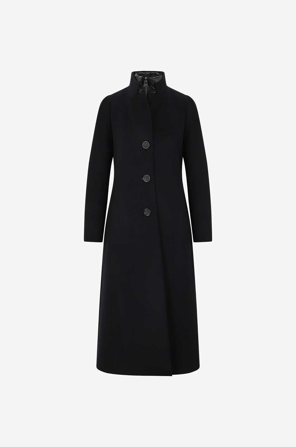 Manteau long cintré en laine vierge avec plastron doudoune