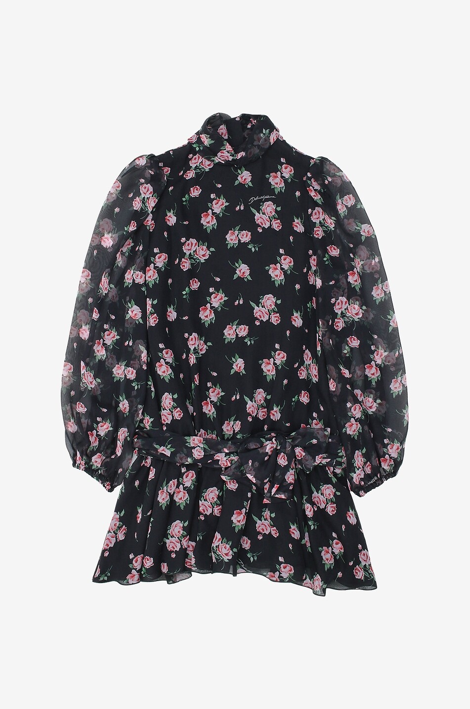 Rose printed girl's silk chiffon short dress