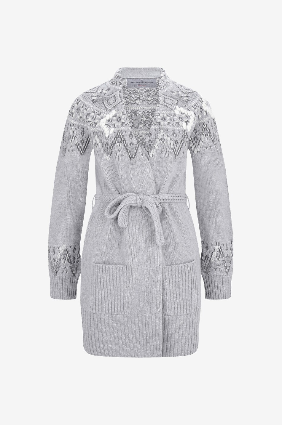Belted embroidered long jacquard cardigan