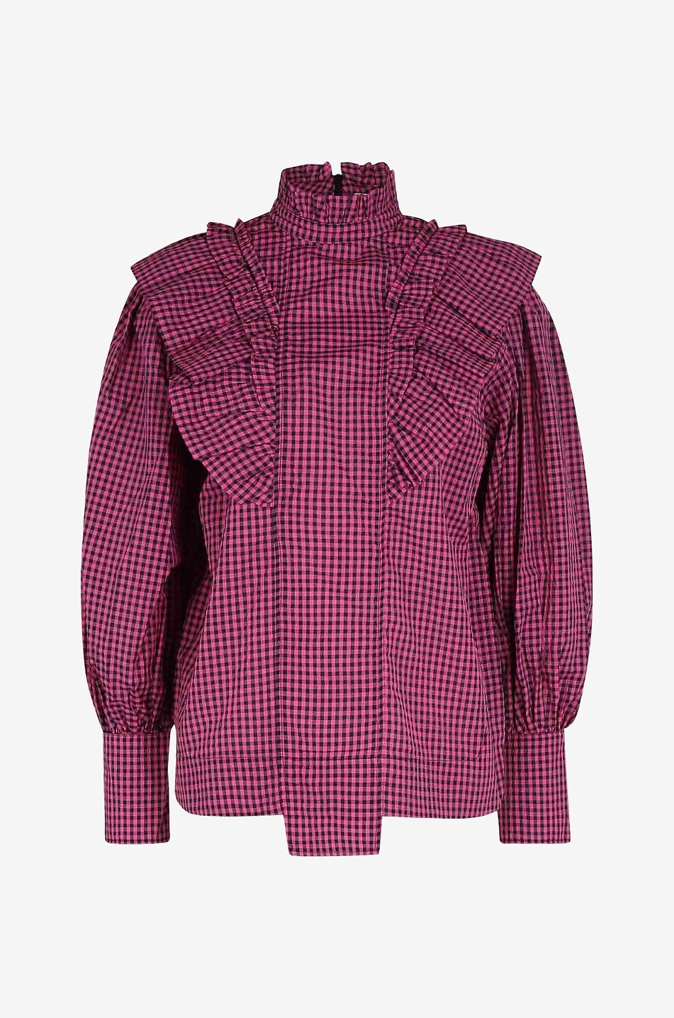 Bluse aus Seersucker mit Vichykaros und Rüschen