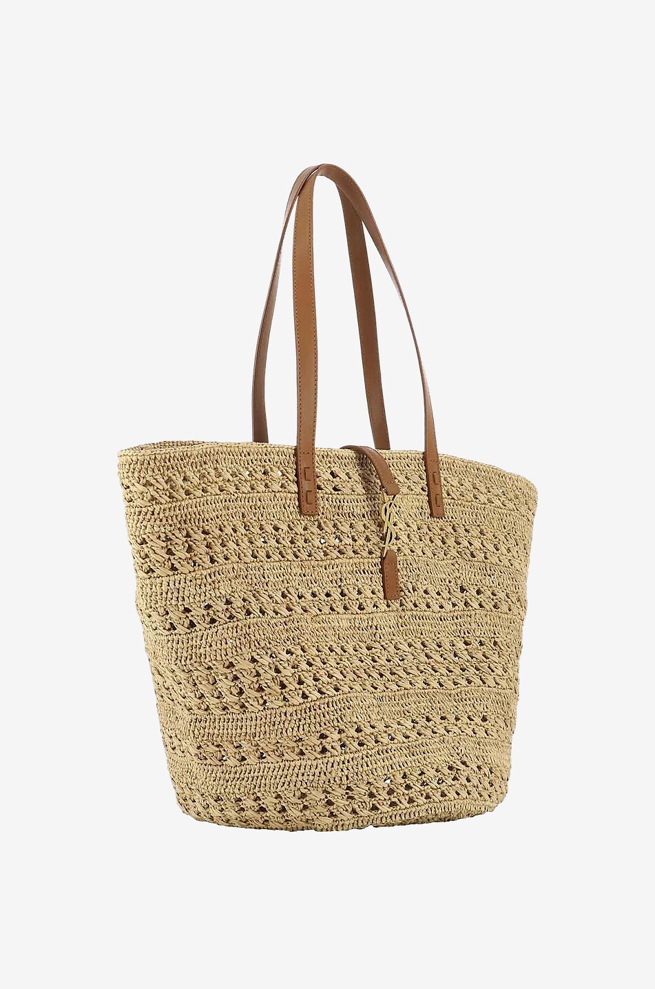 SAINT LAURENT PARIS Panier Medium crochet raffia and leather tote bag Women BEIGE 2