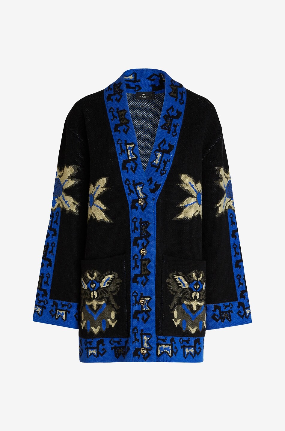 Cardigan jacquard en laine à motifs géométriques