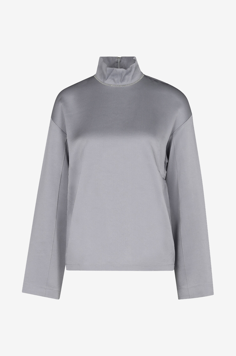 Langarm-Top aus Satin mit perlenbesticktem Stehkragen