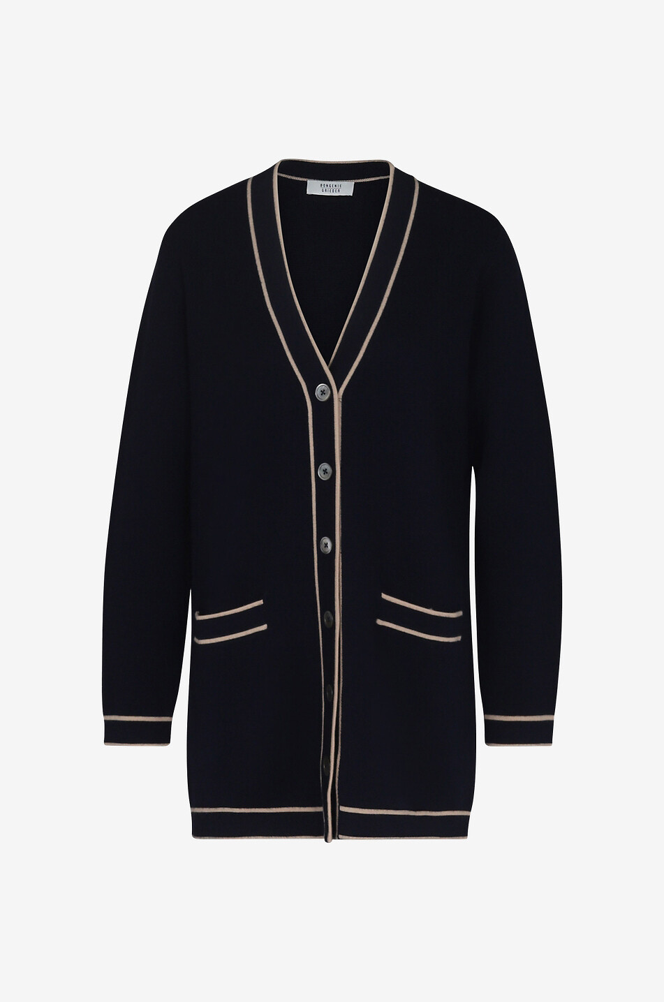 BONGENIE Langer Cardigan aus Merinowolle mit V-Ausschnitt und Kontrasten Damen DUNKELBLAU 1