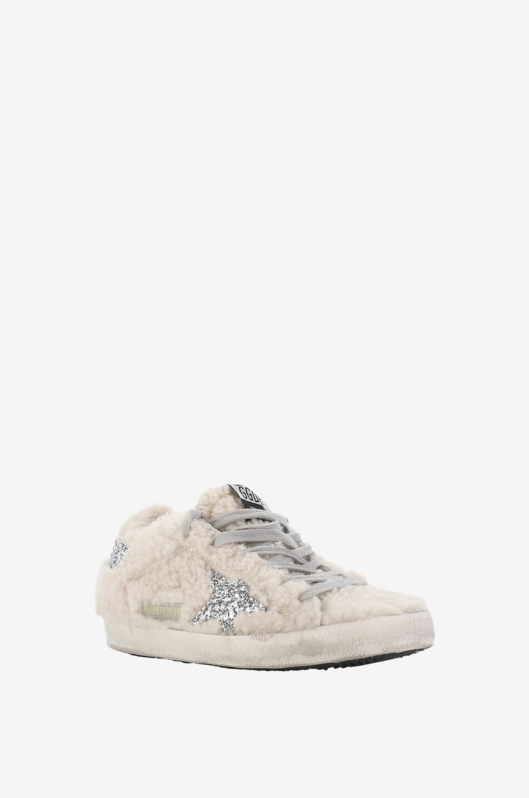 GOLDEN GOOSE Super-Star glitter star adorned low-top shearling sneakers Women BEIGE 1
