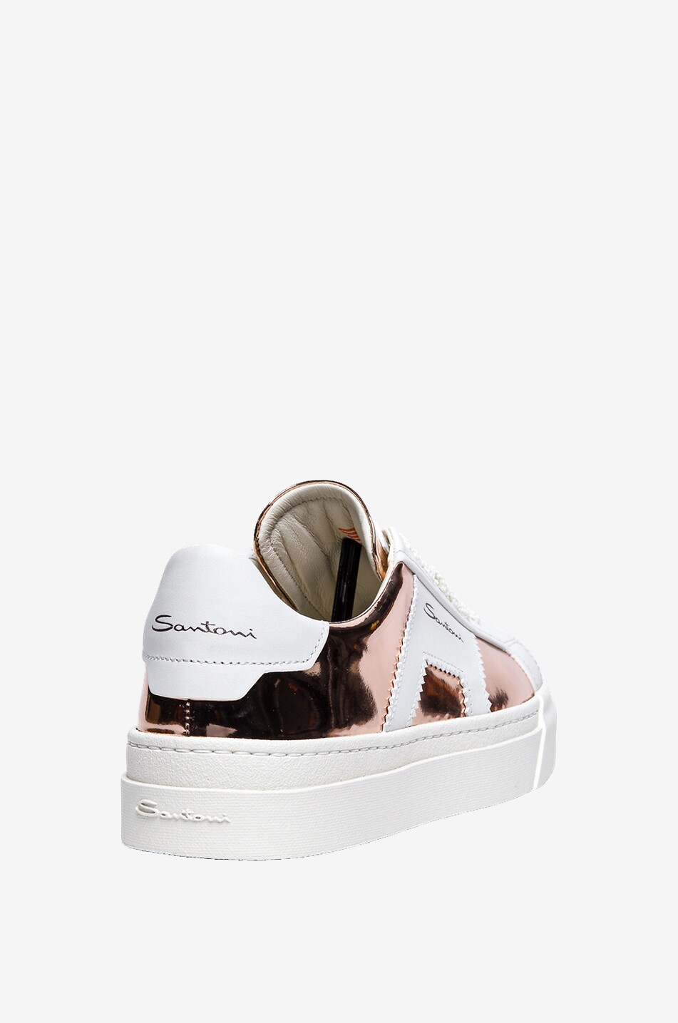 Low-top lace-up leather and metallic leather sneakers