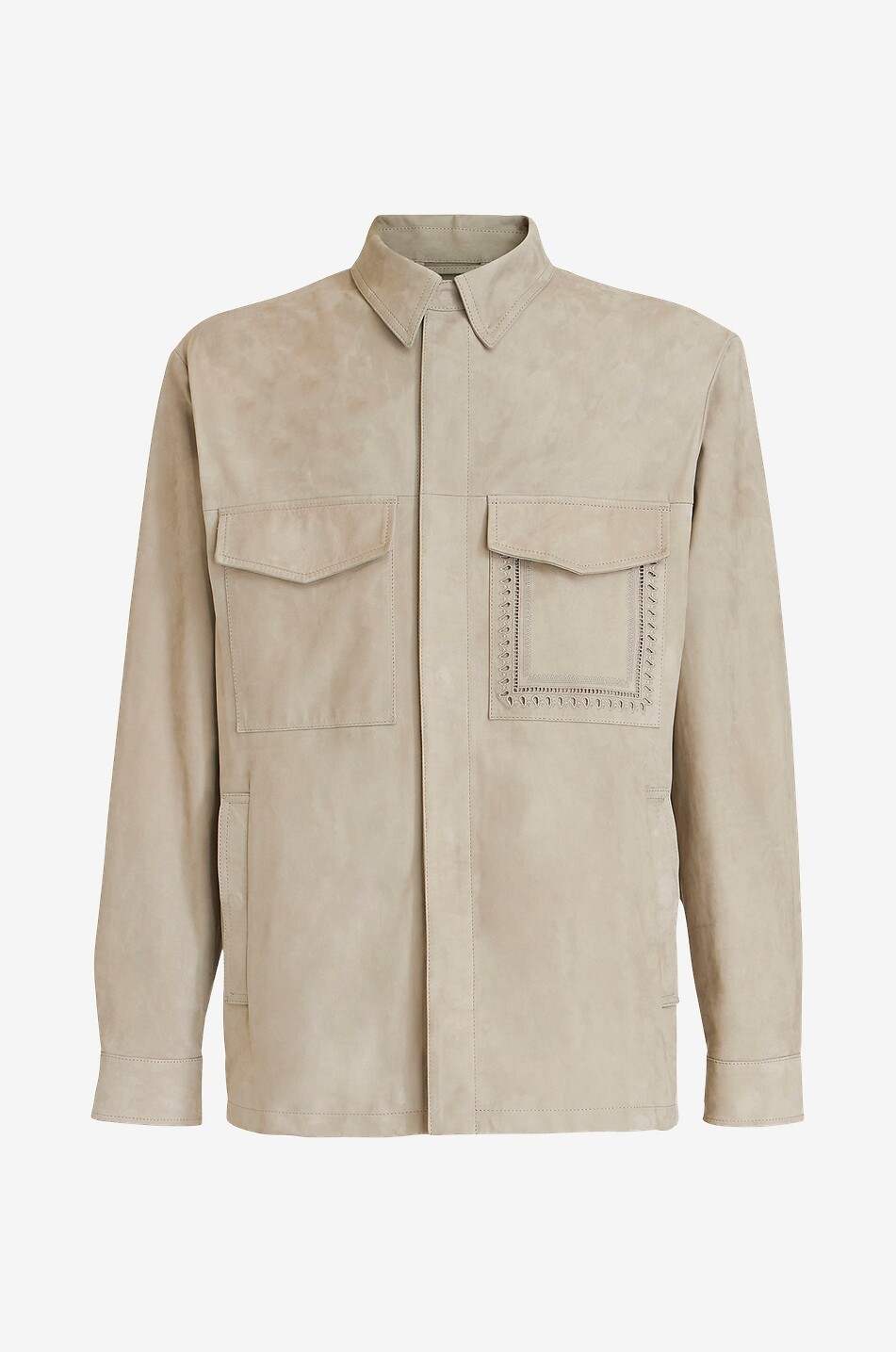 Embroidered safari shirt jacket in suede