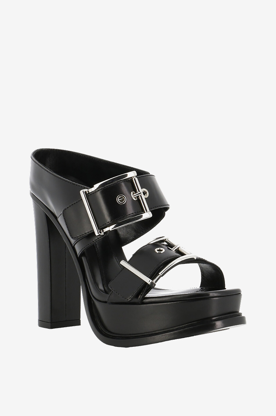 Platform smooth leather mules with buckles 90