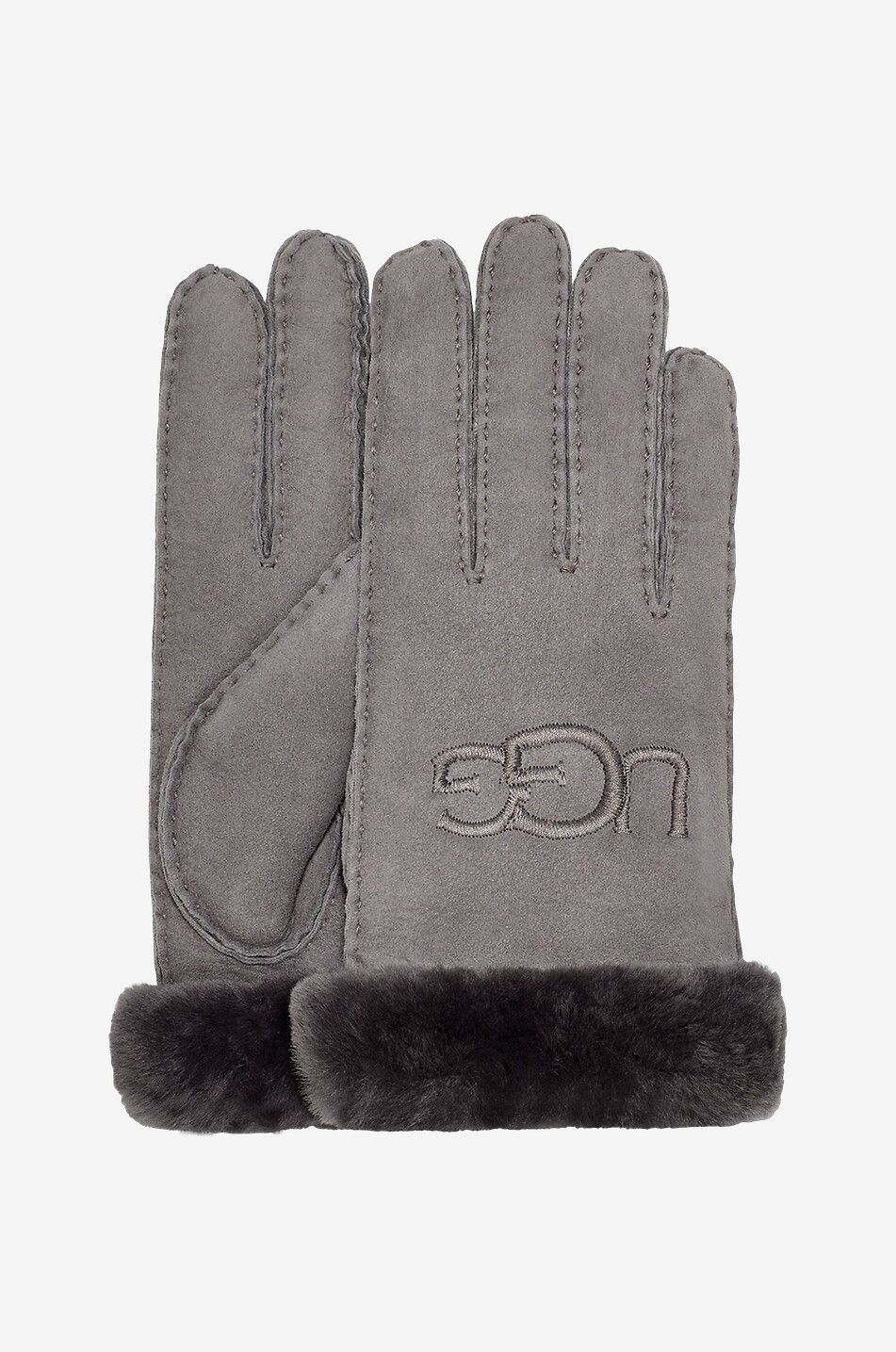 UGG Logo embroidered shearling and suede gloves Women GREY 2