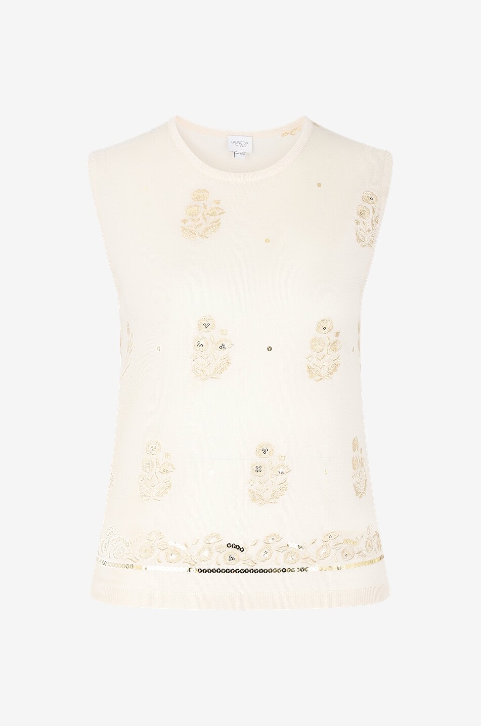 Ärmelloser Pullover aus Kaschmir und Seide mit Blütenstickerein