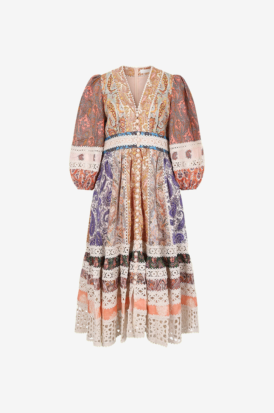 Devi Spliced flared linen and lace midi dress