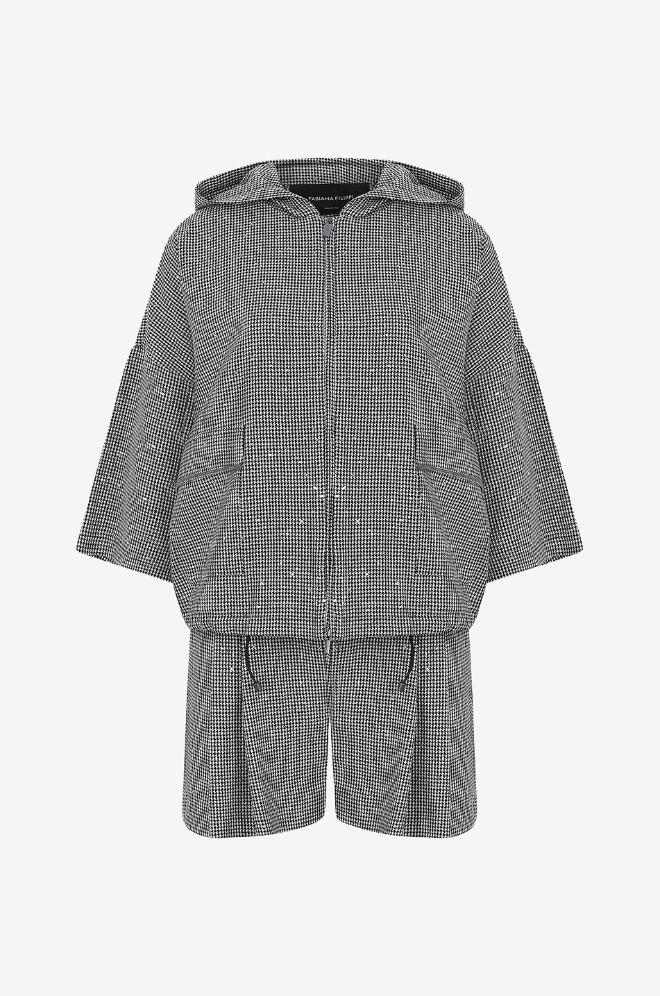 Sequin adorned houndstooth check hooded jacket