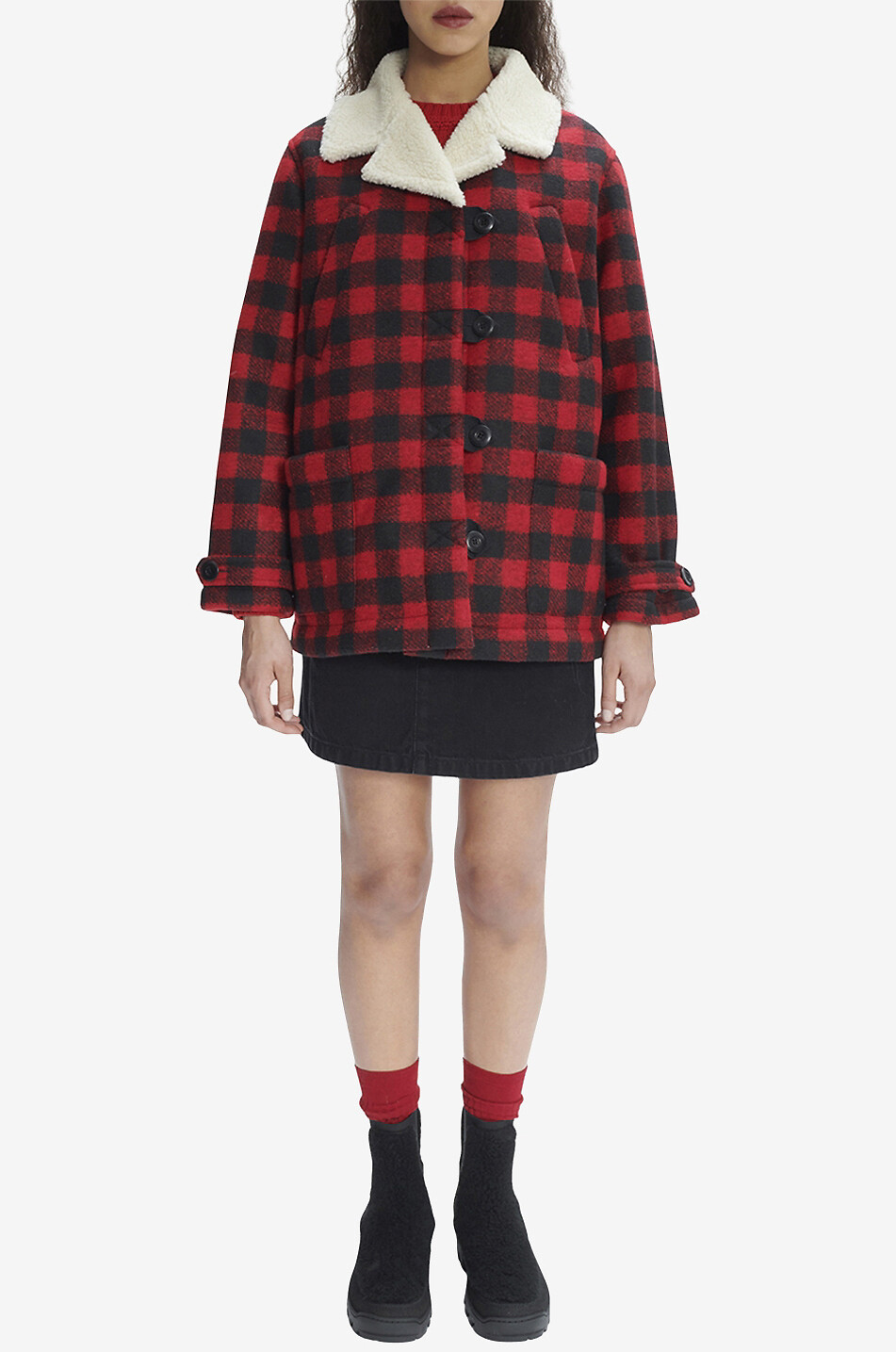 A.P.C. Manteau caban à carreaux et fourrure Federica Femme ROUGE 3