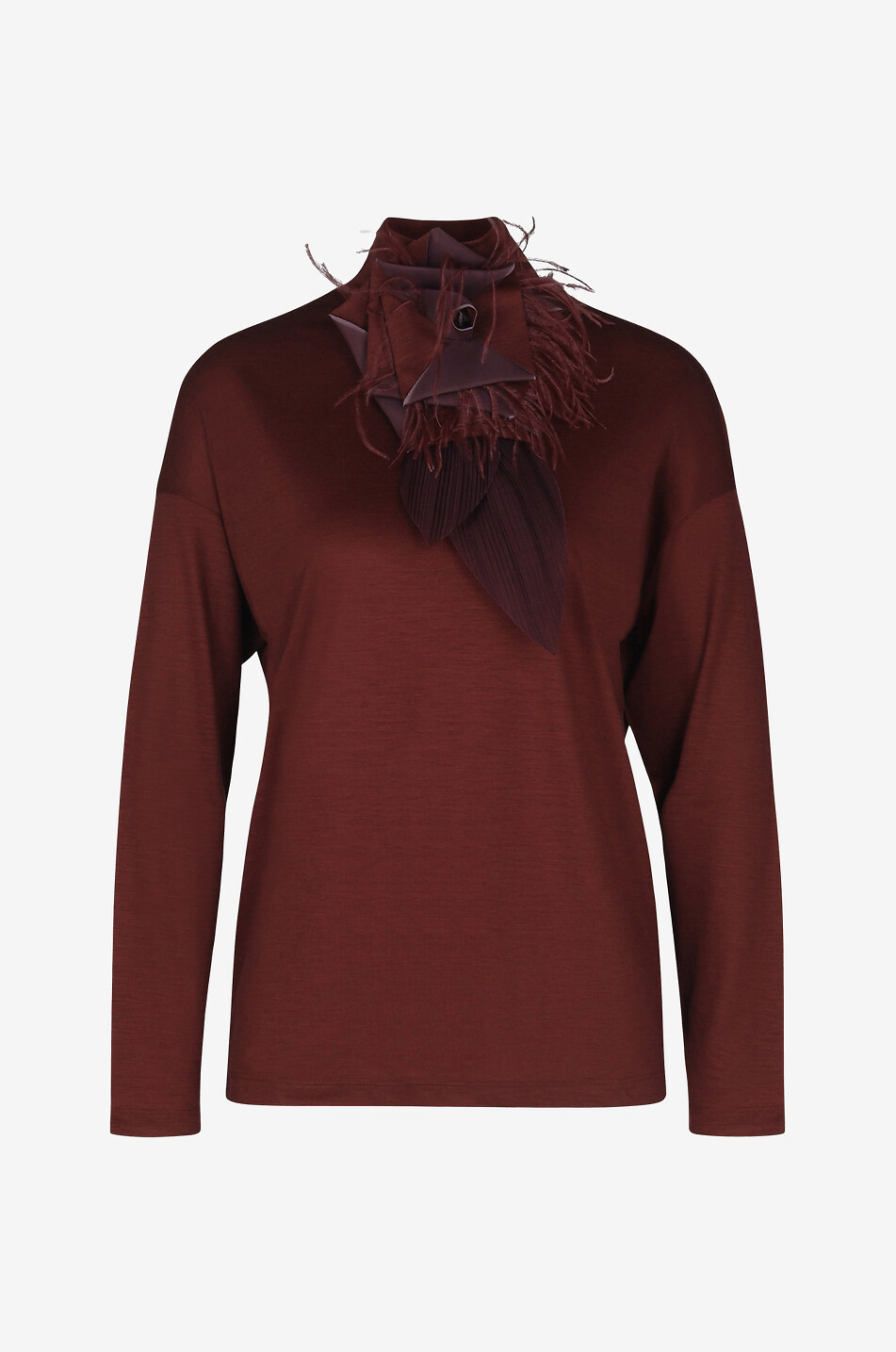 Long-sleeved wool T-shirt with stand-up collar and brooch