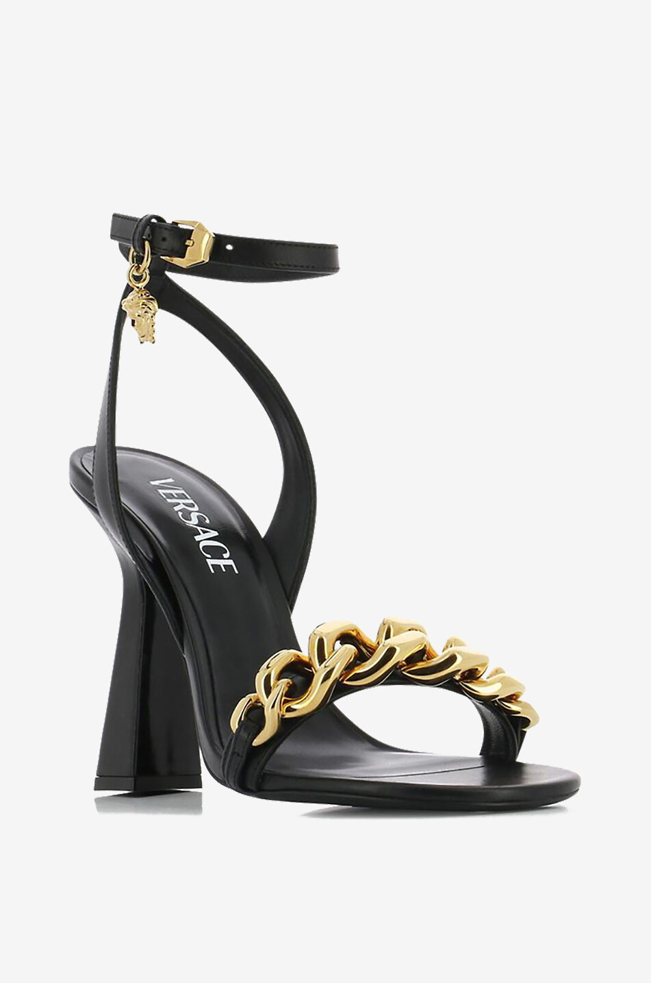 Sandales à talon carré en cuir Medusa Chain 105