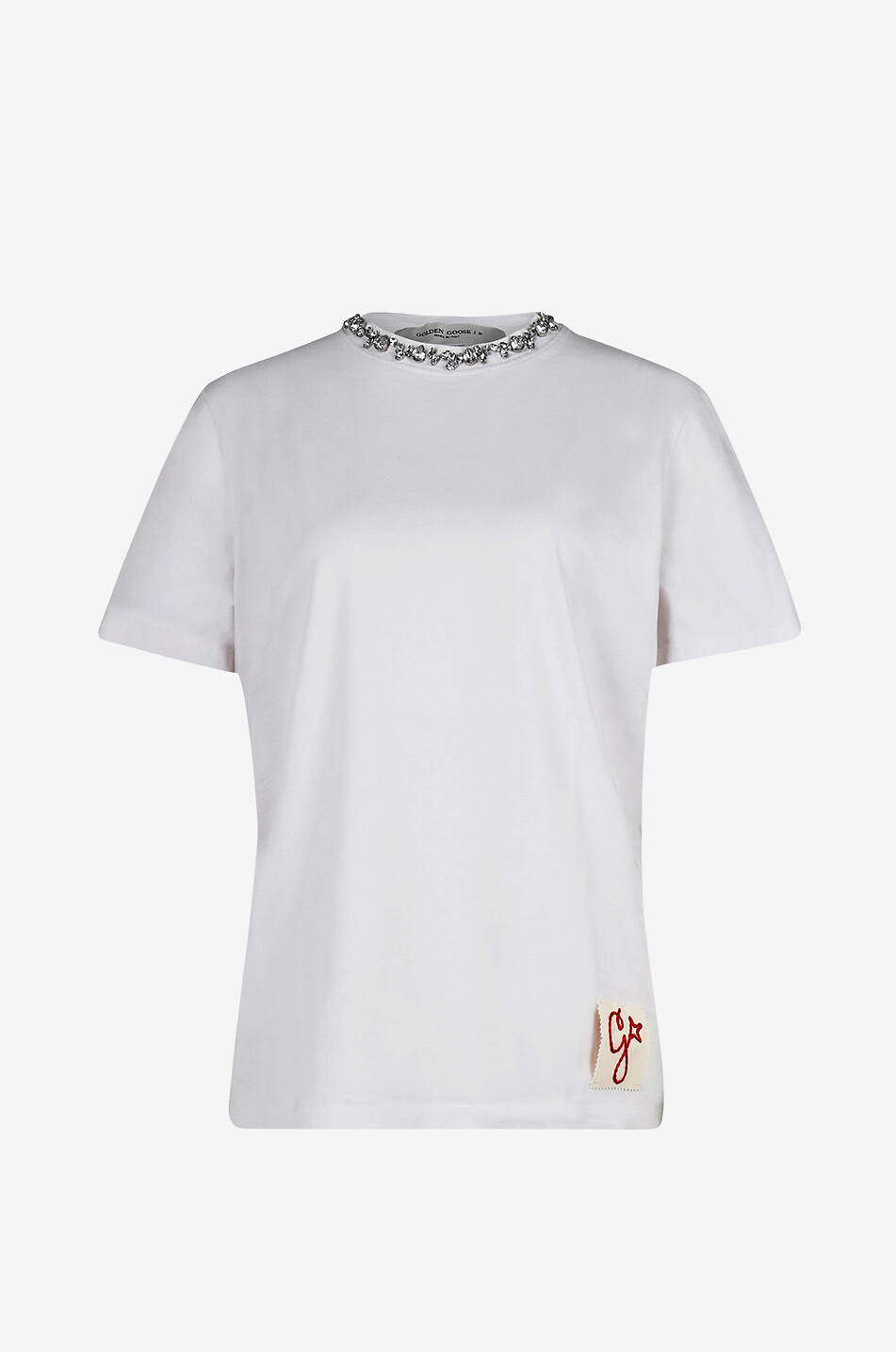 Rhinestone adorned cotton short-sleeved T-shirt