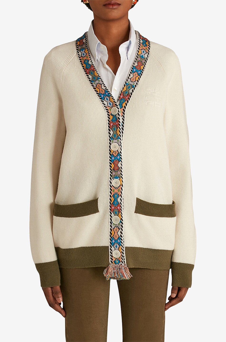 ETRO Cardigan en laine et cachemire à galon Etro Cube Femme Beige clair 4