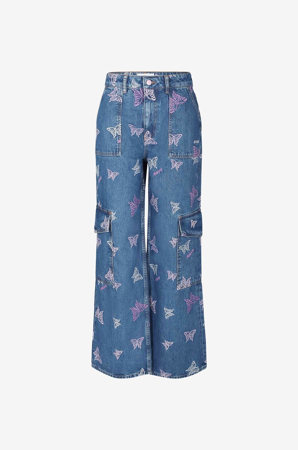 Jean cargo droit taille haute brodé de papillons Angi