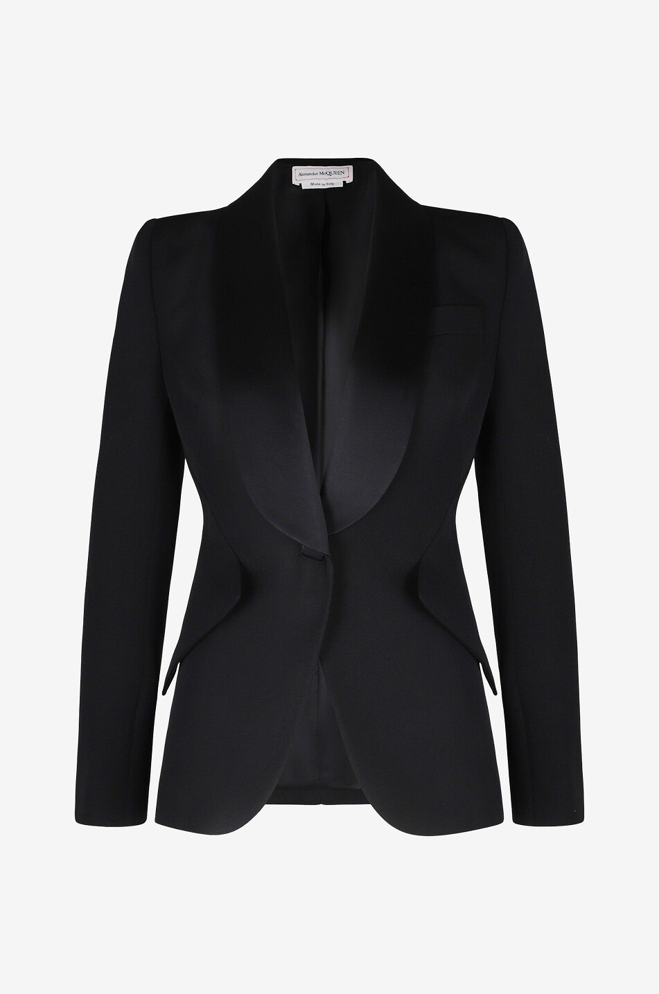 ALEXANDER McQUEEN Taillierter Wollblazer mit Satin Peak Shoulder Damen SCHWARZ 1