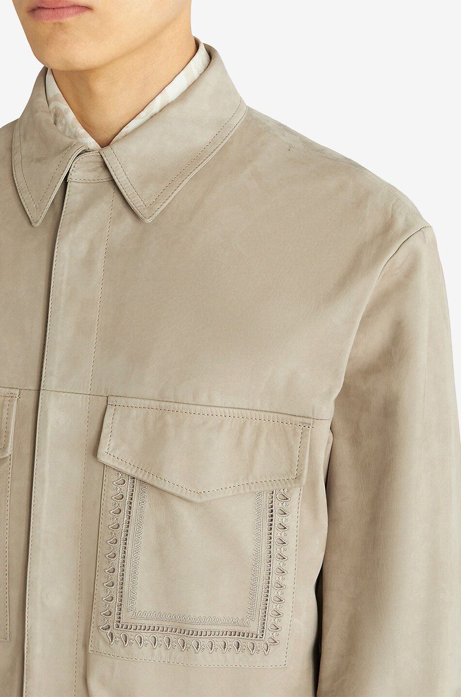 Embroidered safari shirt jacket in suede