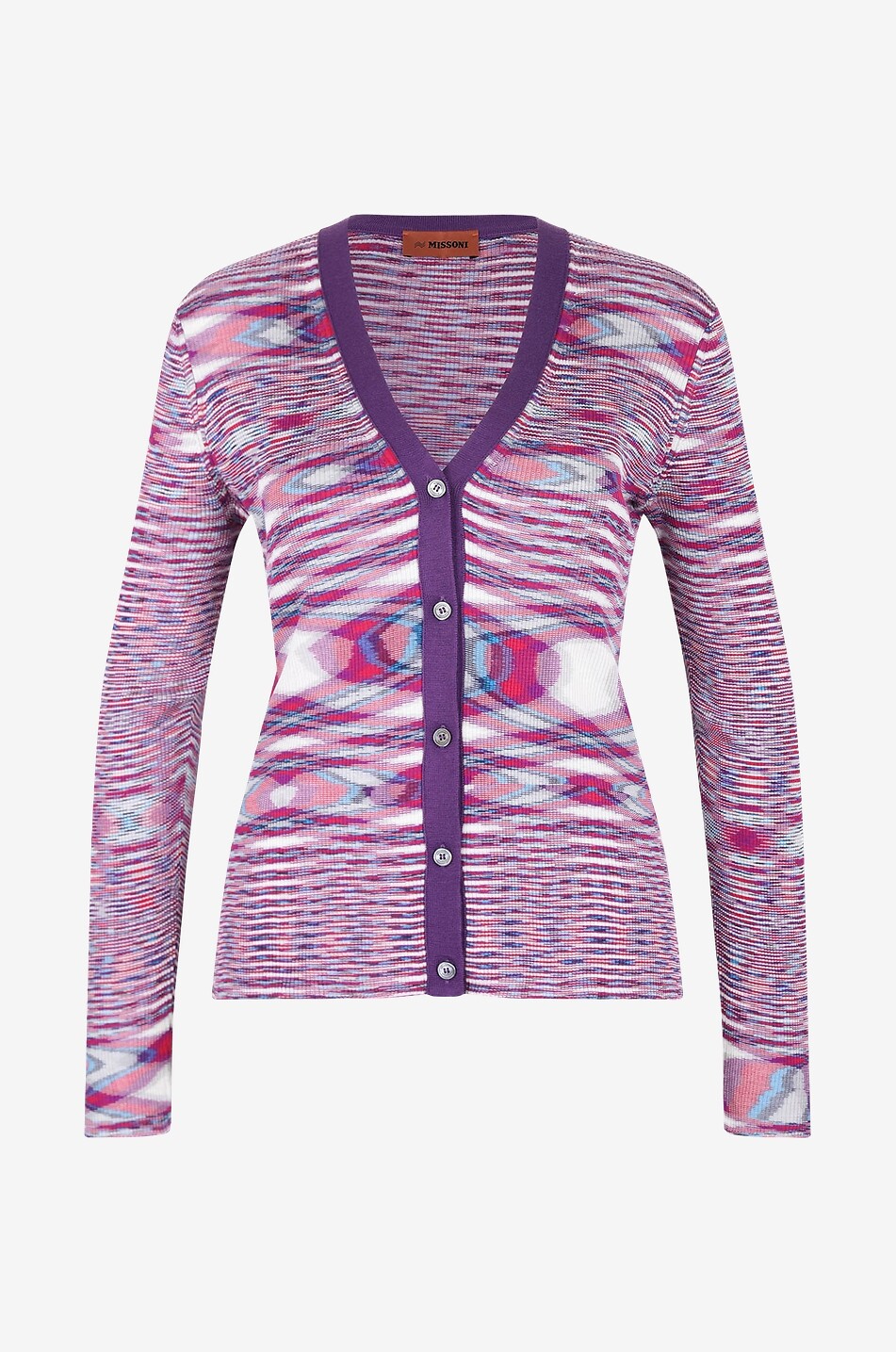 Rippstrick-Seidencardigan mit psychedelischen Motiven