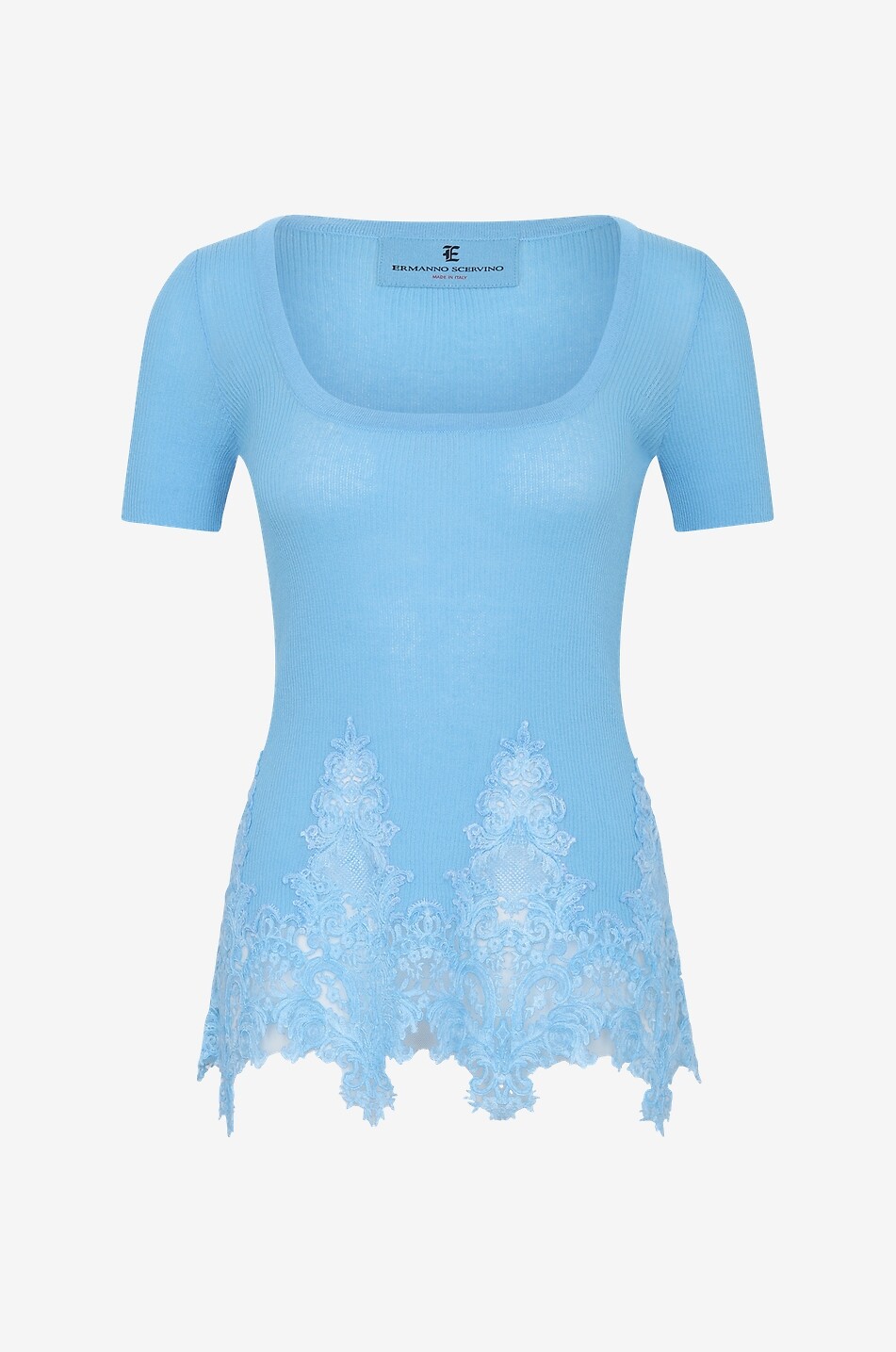 T-shirt en maille côtelée et dentelle